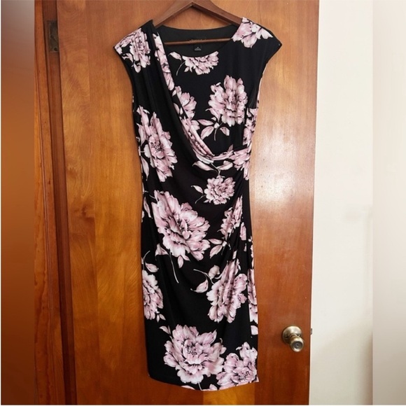connected apparel Dresses & Skirts - Connected Apparel, Black/Pink Floral, Faux Wrap Midi Dress, EUC, Size 12